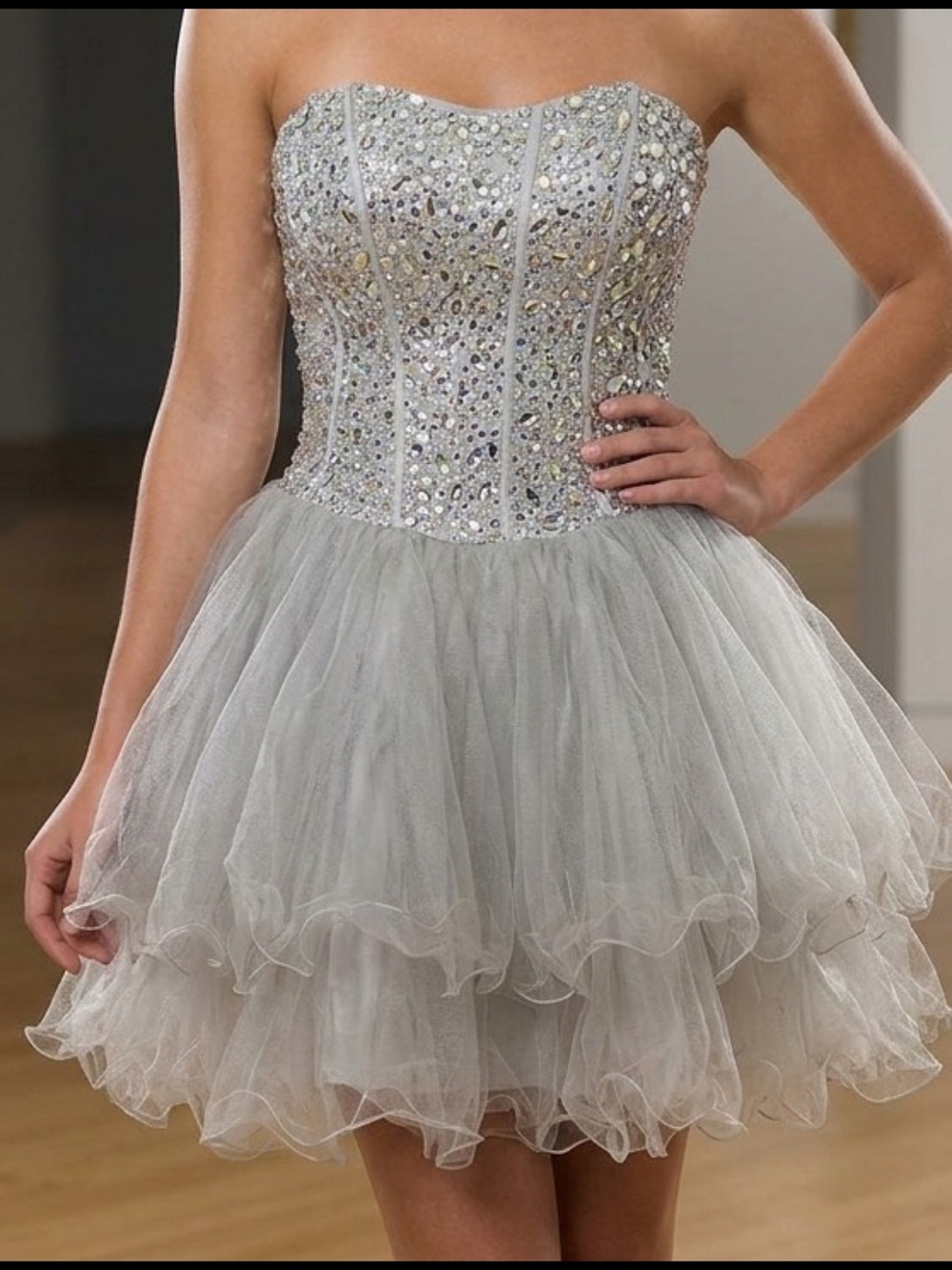 May Queen Silver Strapless Sequin Tulle Cocktail Dress
